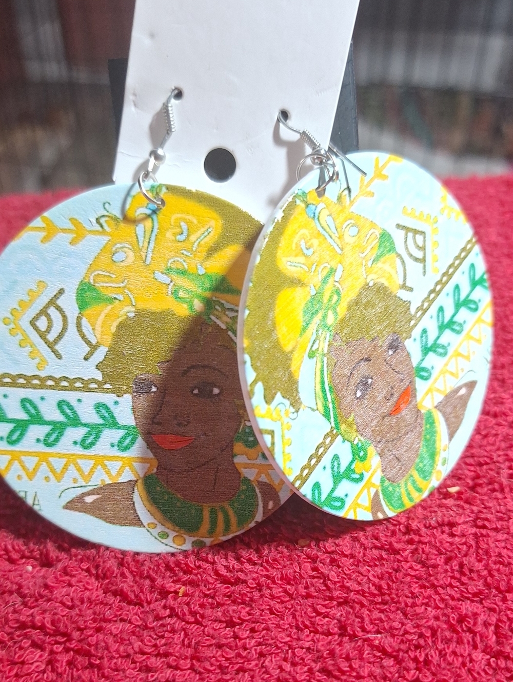 Hand-Painted Afrocentric Round Drop Earrings in Yellow & Green